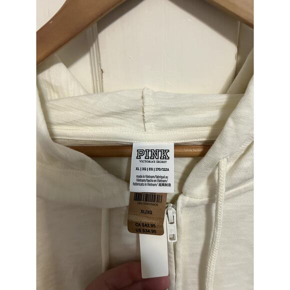 NWT PINK Victoria Secret Cream Full Zip Hoodie Size XL Raw Hem Cropped - Picture 2 of 9